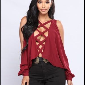 Burgundy cold shoulder bodysuit